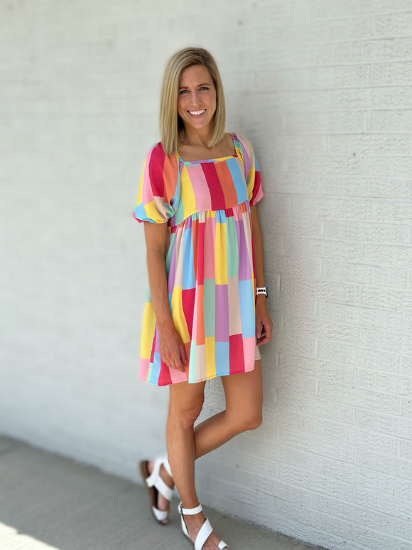 Pastel Stripe Ballon Sleeve Dress