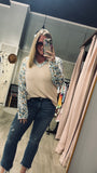Ribbed Floral Contrast Patchwork Long Sleeve Top