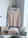 Ribbed Floral Contrast Patchwork Long Sleeve Top