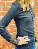 Ribbed Henley with Lace Cuff
