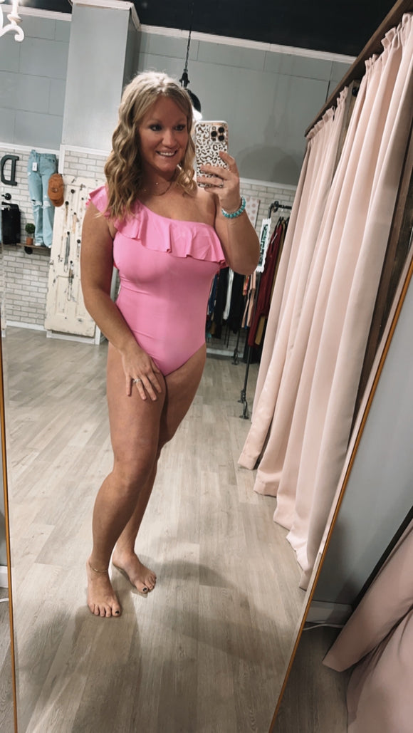 Pink One Shoulder Ruffle Suit